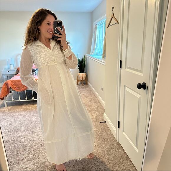 Vintage Mr. Jac Jr. White Polka Dot Lace Button Front Maxi Dress XS - Picture 2 of 16